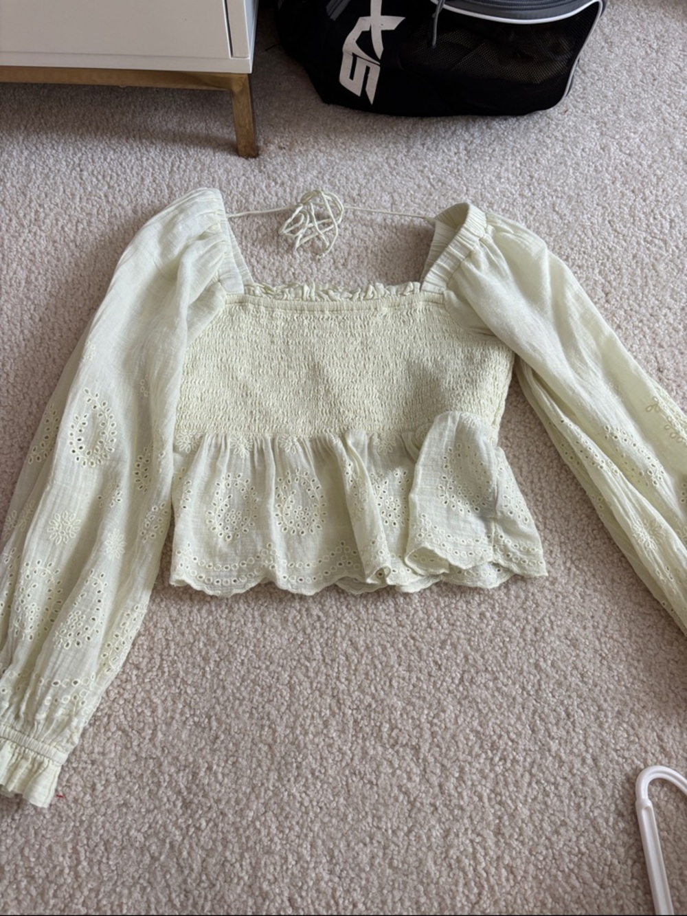 American Eagle Outfitters Cream Smocked Eyelet Peplum Long-Sleeve Top